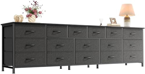 Huuger 77.6" Long Dresser for Bedroom, 16 Drawer Fabric Dresser for Closet, Wide Chest of Drawers with Storage, TV Stand for 65, 75, 85 Inch TV, 77.6" W x 13" D x 26.4" H, Black - color: Black
