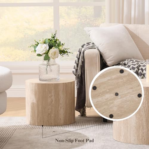 Ya-Home Modern Round Coffee Tables Nesting Table, Wood Set of 2 End Table Side Table for Living Room Balcony Office, No Assembly Required - color: Travertine