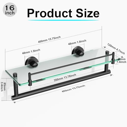 Bathroom Towel Rack with Tempered Glass Shelf 16 Inch, Matte Black Floating Wall Mount Storage - color: Matte Black, size: 16-inch with Railing
