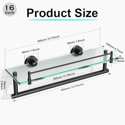 Bathroom Towel Rack with Tempered Glass Shelf 16 Inch, Matte Black Floating Wall Mount Storage - color: Matte Black, size: 16-inch with Railing