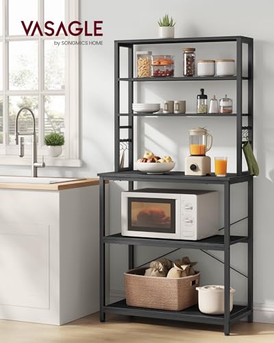 VASAGLE Coffee Bar, 31.5 Inches 6-Tier Baker's Rack with 6 Hooks | Modern Basic Microwave Stand, 31.5 x 15.8 x 65.8 Inches, Charcoal Gray and Ink Black, BARNET Collection UKKS019B22 - color: Charcoal Gray + Ink Black, size: 31.5"W, style: No Power Outlet