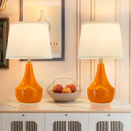 18" Table Lamp Set of 2, Ceramic Lamp Classic Beside Lamps Nightstand Lamp Modern Table Lamp for Living Room, Bedroom & Office Rocker Switch Orange-LED Bulbs Included - color: 18.63" Orange