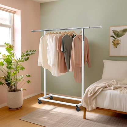 Simple Houseware Standard Rod Garment Clothing Rack, White | Single Rail, Extendable Width from 30 to 47 Inches, Rolling Clothing Organizer for Bedroom, Laundry, Living Room - color: White