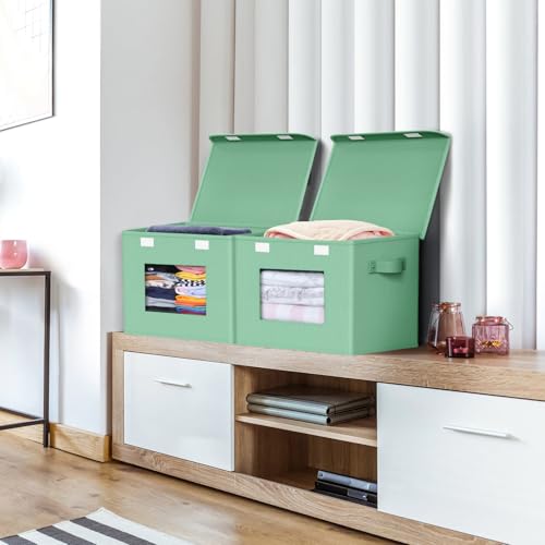Univivi Fabric Foldable Storage Bins with Lids, 4 Pack, Green | Stackable Closet Storage Bins, Fabric Closet Organizers and Storage with Lid & Clear Window for Home, Office, Bedroom - color: Green