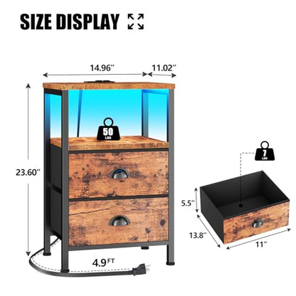 Night Stand Set 2 with Charging Station, LED Light, 2 Drawers, Rustic Brown | Night Stand Set 2 with USB & Outlets, Side Table with Storage, Industrial End Table, for Living Room/Bedroom, Dorm - color: Rustic Brown