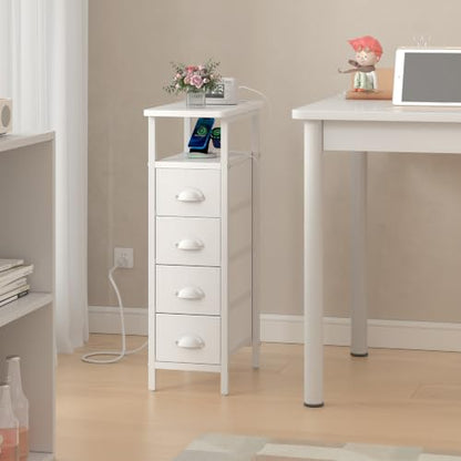 sthmec Nightstand with Charging Station, Narrow Night Stand Set of 2 with 4 Drawers, Skinny Side Table with Fabric Drawers,Slim Sofa Couch Tables for Small Spaces,Living Room,Bedroom, White - color: White, style: Power