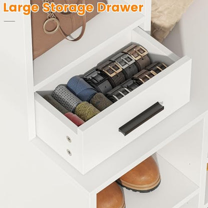 Farmhouse Hall Tree with 2 Independent Drawers,6-in-1 Entryway Bench with Coat Rack Adjustable Shoe Storage for Foyer/Hallway,White - color: White
