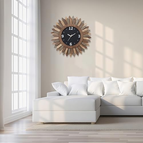 16 Inch Wall Clocks, Rustic Wood Boho Sunburst Decorative Wall Clock Battery Operated Silent Non Ticking Farmhouse Large Wall Clocks for Living Room Kitchen Bedroom Home Decor (Tricolor) - color: Tricolor, size: 16 inch