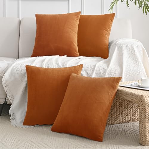 JELLYMONI Gradation Velvet Throw Pillow Covers 18x18 Set of 4, Rust | Soft Luxury Feel, Gradient Color Design, Hidden Zipper Closure, Machine Washable, Decorative Home Accent - color: Toffee, size: 18" x 18" (Pack of 4)