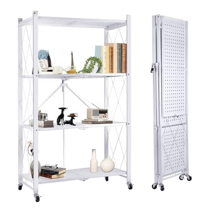 4-Tier Foldable Storage Shelf with Wheels, Metal Collapsible Shelving Unit, Heavy-Duty Rolling Cart for Kitchen Pantry Garage Office, Pre-Assembled Organizer Rack – White - size: 4-Tier White