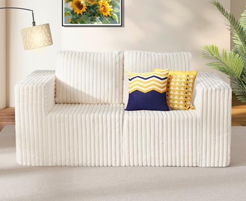 Hobestluk 2 Seater Modular Couch with Deep Seat Oversized Sectional Sofa | Strip White,Loveseat,Cozy Fabric,Memory Foam,No Assembly,Cloud Chair,With Pillows,For Livingroom Bedroom,Free Combination - color: White, size: Loveseat