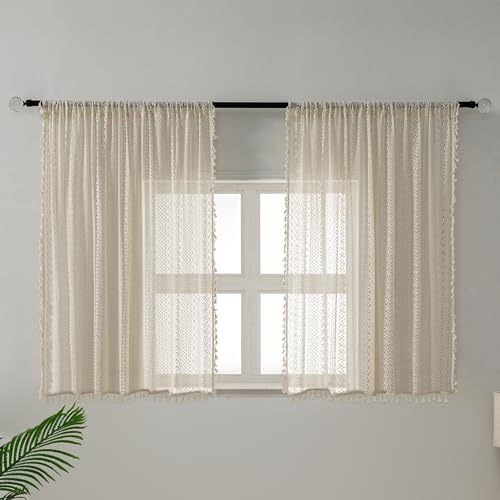 WAZZIO Boho Lace Curtains 45 Inches 2 Panel,Light Filtering Privacy Tassel & Geometry Crochet Semi Sheer Curtain Drapes for Bedroom Living Dining Room,Rod Pocket & Tassel,Vintage French Country,Beige - color: Beige, size: 59"W x 45"L (Pack of 2)