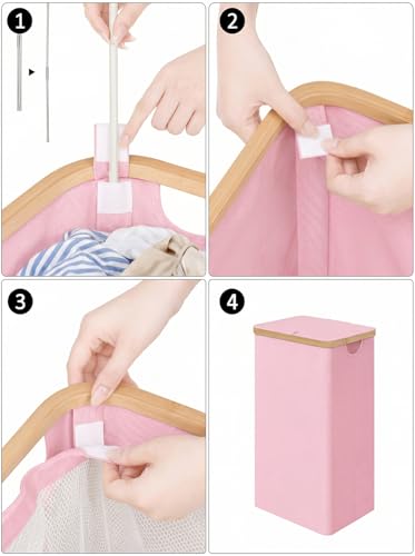 IEGrow Laundry Hamper with Lid,110L Laundry Basket with Mesh Bags,Pink | Dirty Clothes Hamper Basket with Bamboo Handle for Clothes Towels - color: Pink, size: 110L