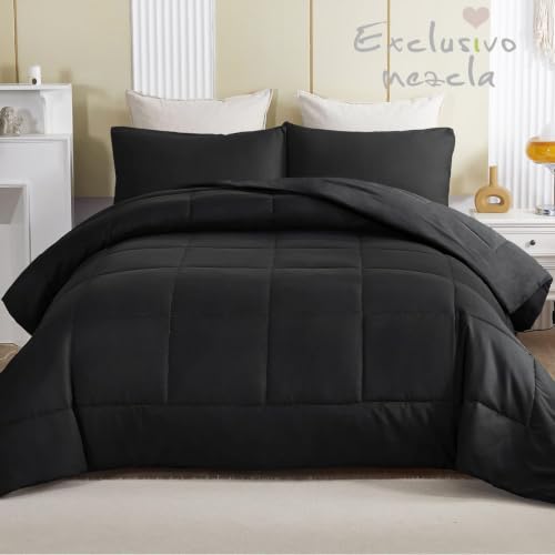 Exclusivo Mezcla Reversible Soft Twin Comforter Set, 2 Pieces | Black Lightweight Microfiber Down Alternative Comforters, All-Season Bedding with 1 Pillow Sham - color: Black, size: Twin(68''x88'')