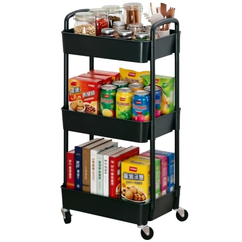 Sywhitta 3-Tier Plastic Rolling Utility Cart with Wheels for Storage,Black | Multi-Functional Storage Trolley, for Office, Living Room, Kitchen, Bathroom,Movable Organizer,Space-Saving,Easy to assemble - color: Black, size: 3-tier