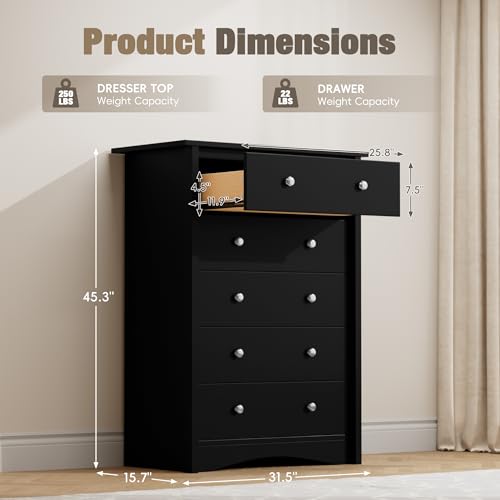 Furmax Tall Dresser, 5 Drawer Dresser, Chest of Drawers, Organizer Drawers, for Hallway Entryway (Dark Black) - color: Dark Black