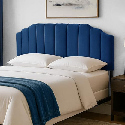 Upholstered Headboard Adjustable Height Queen/King Headboard Cream Velvet Tufted Modern Vertical Channel Design with Stepped Silhouette Top Edge(Blue Queen) - color: Blue, size: Queen