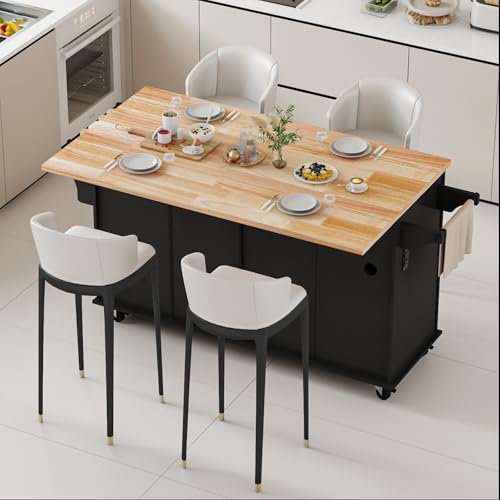67 Kitchen Island Cart with Drop Leaf Breakfast Bar, Rolling Mobile Kitchen Island Table on Wheels with Storage Cabinet, Drawer, Spice/Towel Rack, Black - size: 67 Inch
