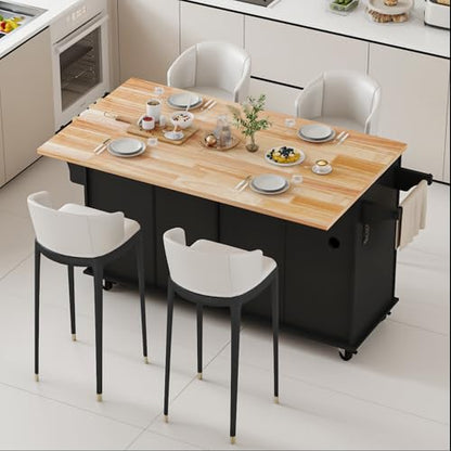 67 Kitchen Island Cart with Drop Leaf Breakfast Bar, Rolling Mobile Kitchen Island Table on Wheels with Storage Cabinet, Drawer, Spice/Towel Rack, Black - size: 67 Inch