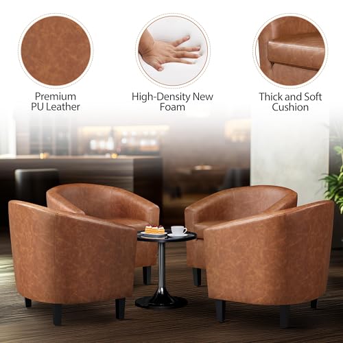 Yaheetech Accent Chairs Set of 2, Faux Leather Barrel Armchairs Brown | Water-resistant Faux Leather Chairs with High-density Foam and Solid Wood Legs for Living Room, Waiting Room, Small Space - color: Brown(faux Leather), style: without Ottoman