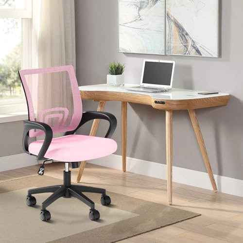 Office Chair, Ergonomic Mid-Back Mesh Desk Chair with Lumbar Support, Adjustable Height Computer Chair with Rolling Wheels Design,Comfy Armrest for Work, Study, Gaming, Pink - color: Pink