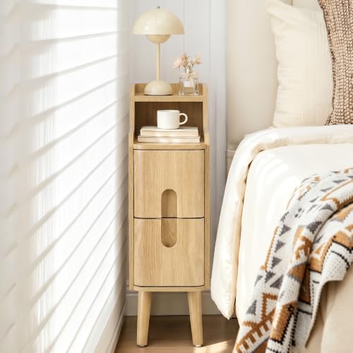 FurSch Narrow Nightstand, Wooden 2 Drawer, Natural, 1 pc | Slim Side End Table, Skinny Bedside Table, Mid Century Modern, with Drawers for Bedroom - color: Natural 3-1 Pc