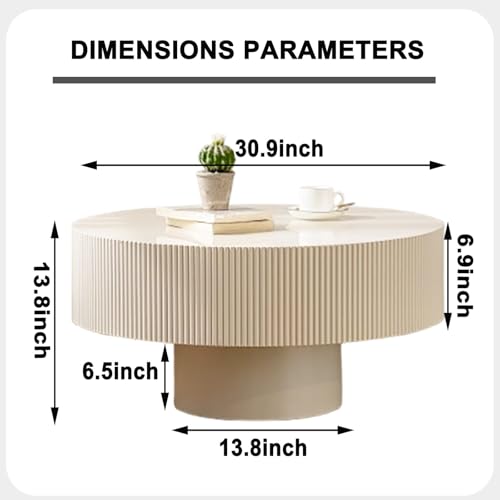 Round Fluted Drum Coffee Table with Pedestal Base | 30.9'' Modern White Wooden Drum Center Table, Handcrafted Wood Fluted Edge, For Living Room & Apartment - color: White Thick