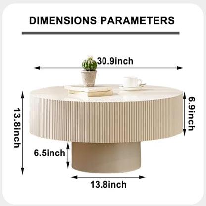 Round Fluted Drum Coffee Table with Pedestal Base | 30.9'' Modern White Wooden Drum Center Table, Handcrafted Wood Fluted Edge, For Living Room & Apartment - color: White Thick