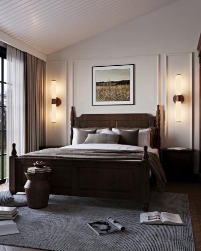 Rayogale Walnut Wireless Battery Operated Wall Sconces with Remote Control | White Glass Rechargeable Wall Lights Set of 2 with Timer Function Dimmable for Living Room Bedroom Emergency 3000K, 20.5 Inch - color: Walnut(White Lampshades)