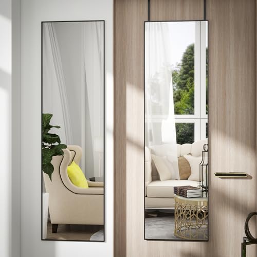 48"x 14" Over the Door Mirror Full Length, Full Body Mirror, Black | Aluminum Thin Frame Full Length Mirror, Lean/Hang/Wall-Mount Horizontal or Vertical, for Bedroom, Living Room, Cloakroom - color: Black-rect, size: 48"L x 14"W