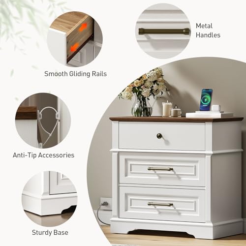 29.5" Tall Nightstand with Charging Station, 3 Drawer Farmhouse Night Stand, 27.6" Wide End Table with Storage, Large Bedside Table for Bedroom Living Room, White and Walnut - color: White and Walnut