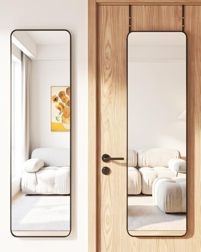 Antok 48"x14" Over the Door Mirror, Full Length Mirror Door Hanging with Aluminum Metal Frame, Rectangle Wall Mounted Body Mirrors for Bedroom, No-Drill Space Saving Dressing Mirrors, Black - color: Black, size: 48"L x 14"W