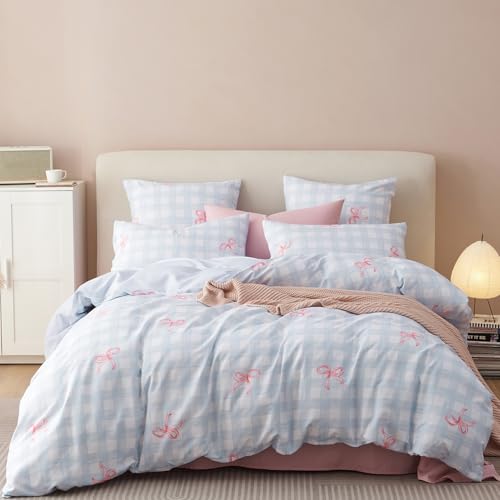 Bow Duvet Cover King Size Blue Plaid Pink Bows Reversible Bedding Set 3 Piece Soft Lightweight Microfiber Kids Bedding Set with Zipper Closure and 2 Pillowcases - color: Blue Plaid Pink Bowknot, size: King(No Comforter)