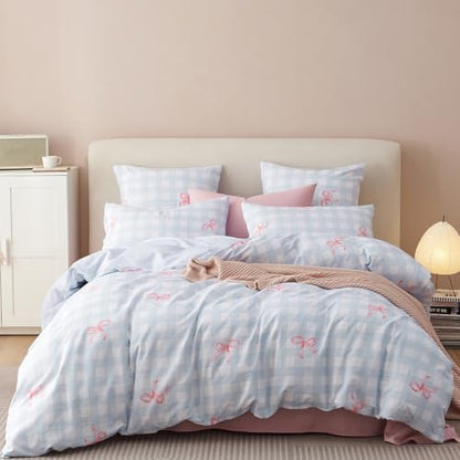 Bow Duvet Cover King Size Blue Plaid Pink Bows Reversible Bedding Set 3 Piece Soft Lightweight Microfiber Kids Bedding Set with Zipper Closure and 2 Pillowcases - color: Blue Plaid Pink Bowknot, size: King(No Comforter)