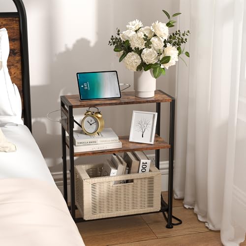 Small Narrow Side Table with Charging Station, Skinny End Table for Small Spaces, Slim Nightstand with Outlets, Sofa Bedside Table in Living Room, Bedroom, Study, Kitchen and Balcony (Rustic Brown) - color: Rustic Brown