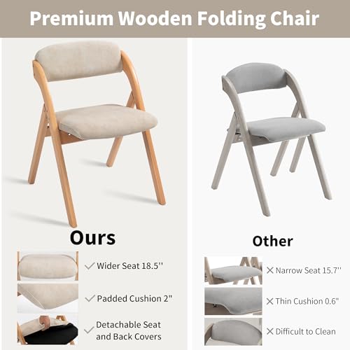 Folding Chairs with Cushion Padded Foldable Chiars 4 Pack | Wooden Dining Fold Seat with Removable Cover Extra Chair for Guests Kitchen Office Wedding Party Picnic, Cream - color: Cream, size: 4PCS