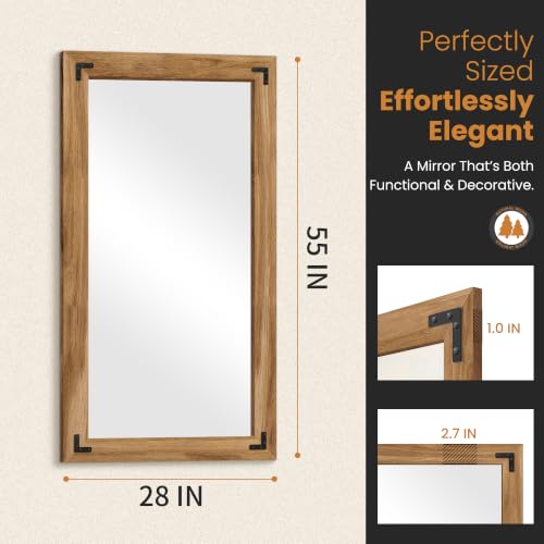 Wood Framed Full Length Mirror for Wall, 55"X28" Floor Standing Body Mirror | Solid Wood Frame, HD Shatterproof Glass, Hanging or Leaning Mirror for Bedroom, Living Room, & Entryway - size: 55"L x 28"W