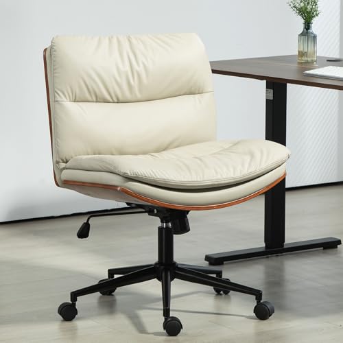 Armless Modern Walnut Office Desk Chair with Wheels, PU Leather Adjustable Wide Swivel Executive Task Chair, Ergonomic Cross Legged Computer Chair for Conference Room, Home Office, Beige - color: Beige