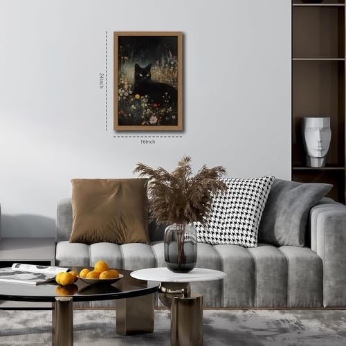 Framed Vintage Black Cat Canvas Wall Art, Gothic Dark Academia Cat Pictures Wall Decor, Moody Floral Animal Paintings Prints Cottagecore Home Decor for Living Room Bedroom 16x24in - color: Wildflower Cat, size: 16x24 Inches