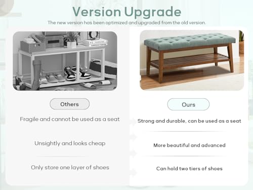 HUIMO Upholstered Entryway Shoe Bench, Button Tufted End of Bed Bench, Teal | with Solid Wood Slatted Shelf, Padded Ottoman Bench for Bedroom, Living Room, Entryway - color: Teal, style: French Country