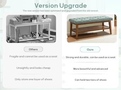HUIMO Upholstered Entryway Shoe Bench, Button Tufted End of Bed Bench, Teal | with Solid Wood Slatted Shelf, Padded Ottoman Bench for Bedroom, Living Room, Entryway - color: Teal, style: French Country