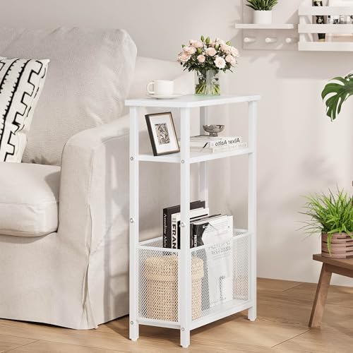 MMEOLUOOK Narrow Side Table with Storage Basket Skinny End Tables for Smalls Spaces 3 Tier Sofa Table Small Nightstand Slim Bedside Table for Living Room Bedroom White MLBZ22W - color: White