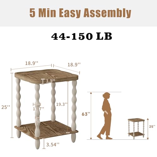 karlott Round Side Table, Square Farmhouse End Table Living Room, Beige | Pine Leg, Weathered Handcrafted Wood Nightstand, Boho Round Nightstand, Easy Assembly for Living Room, Bedroom, Small Space - size: Square Arc 2 Tier Table 18.9 Inches