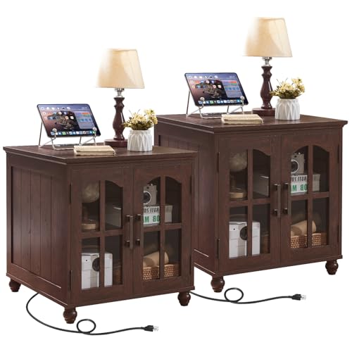 RWYHG Farmhouse 24" End Table Set 2 with Charger, Glass Barn Door, Walnut | USB Ports, Solid Wood Legs, Adjustable Storage Shelf, Square Bedside Table for Living Room,Bedroom - color: Red Brown, size: Set 2