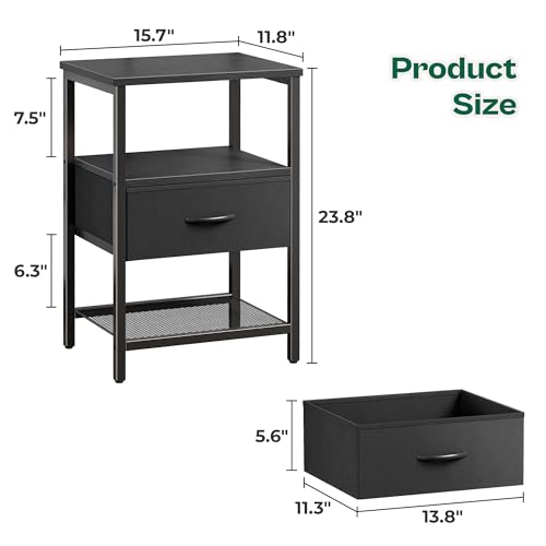 Huuger Night Stand with Fabric Drawer, Side Table with Mesh Shelf, Bedroom Nightstand, Fabric Drawer Dresser, Open Shelf, Metal Frame, Couch Side, Black | Bedroom Nightstand, Fabric Drawer Dresser, Open Shelf, Metal Frame, Couch Side, Black - color: Black