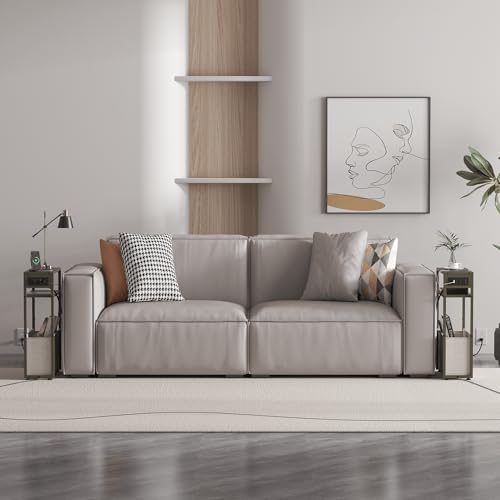 Leomonio Green Side Table with Charging Station, Slim End Tables with Linen Basket, Skinny Table for Small Spaces, Thin Bedside Table for Living Room, Bedroom - color: Forest Green + Camel Brown - Outlet