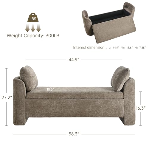 Usaint 58.3" Upholstered Storage Ottoman Bench with 2 Throw Pillows, Brown | End of Bed Bench with Curved Arms and Thickened Seat Cushion for Bedroom, Livingroom, Window, Entryway and Dressing Areas - color: Brown