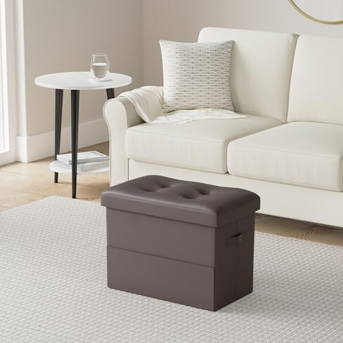 Ottoman with Storage, Foldable Leather Foot Stools Ottoman for Dorm, Brown | Small Ottoman with Storage with Thicker Foam Padded Seat, Ottoman Foot Rest Under Desk with Side Pockets & Handles 17x13x13in - color: Brown, size: 17"D x 13"W x 13"H