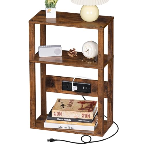 YUFAM 3-Tier Narrow Bedside Table with Charging Station, Skinny Nightstand | Thin Side Table for Small Spaces, Slim End Table with USB and Outlets, Easy Assembly for Couch, Living Room, Bedroom, Brown - color: Brown, size: 1 Pack