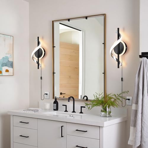 Black Plug in Wall Sconces Sets of 2, 12W Modern Spiral LED Wall Lamp, 3000K Warm White Wall Light Fixture for Stairs Living Room Bedroom Aisle Hallway - color: Black-Warm White